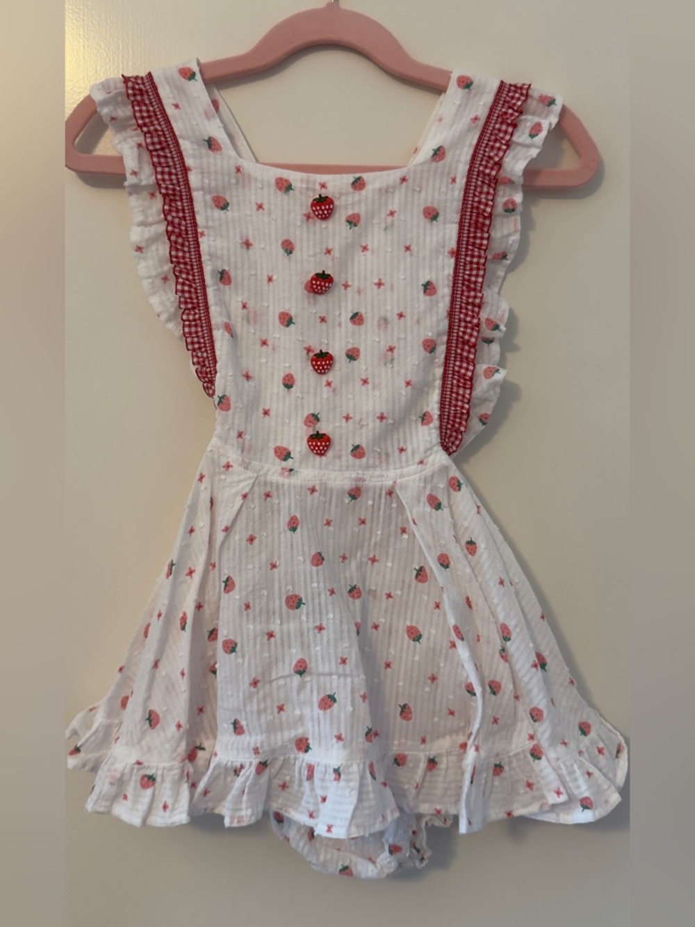 3T Numi White Strawberry Print Pinafore Dress with Red Gingham Trim